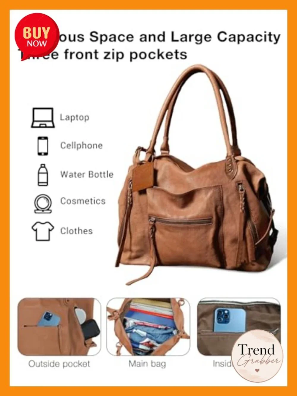 Large Vegan Leather Hobo Tote Bag Purse with Zipper Adjustable Strap